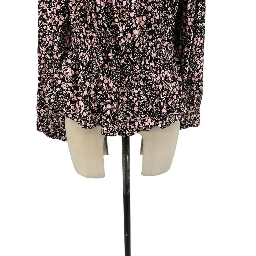 J. Crew Puff-Sleeve Drapey Crepe Top in Fall‎ Garden Floral Black Pink Size XL